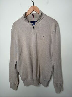 Tommy Hilfiger Men's Medium Quarter Zip Pullover Sweater Beige Cotton Flag Logo